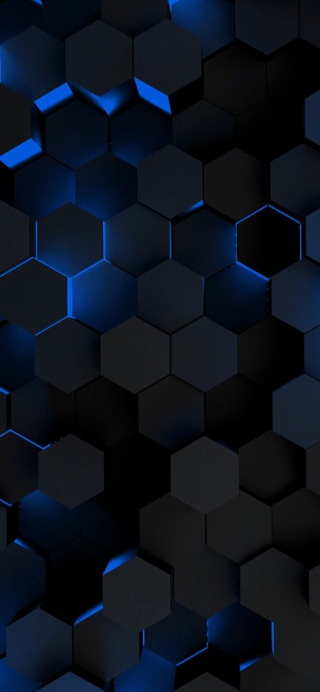 An abstract black and blue background with hexagonal shapes
