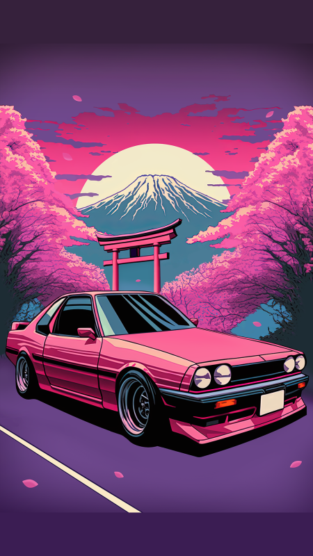 Tokyo drift retro wave car at the torii gate