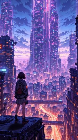 Ночной город аниме скачать фон 1080 x 1920