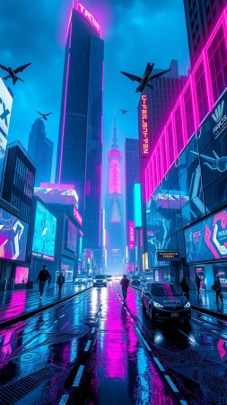 Ночной неоновый город скачать фон 1080 x 1920
