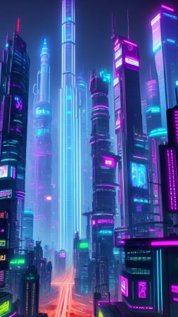 City cyberpunk style with neon lights and skyscrapers скачать фон 1080 x 1920