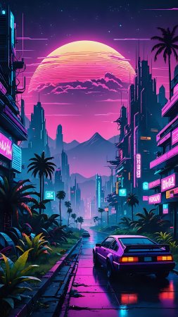Обои для рабочего стола Synthwave автомобиль ретро цифровой
