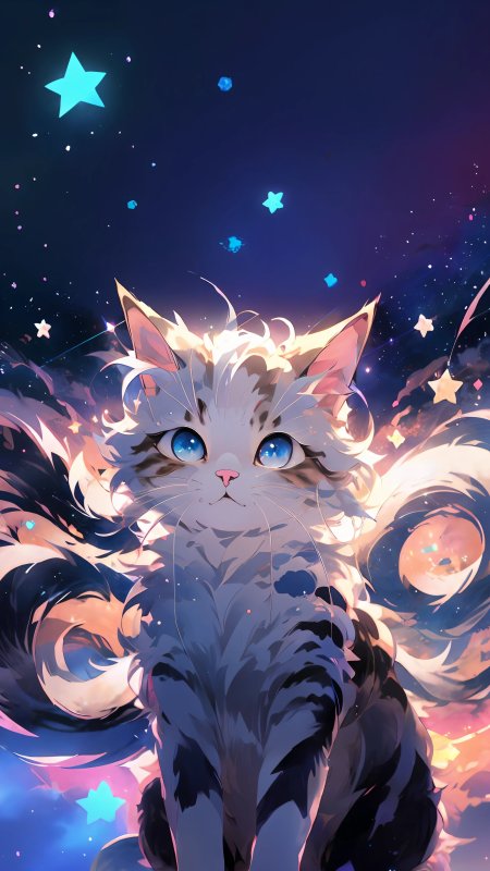 Anime cat with blue eyes and stars in the background