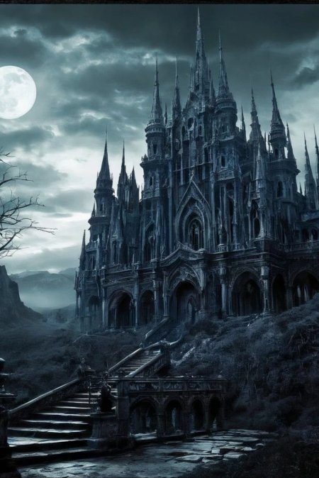 Gothic castle at night with full moon