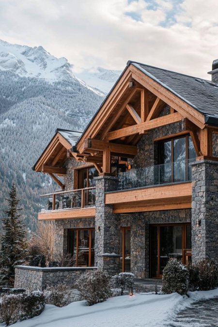 Modern french chalet house exterior with wooden beams and stone facade