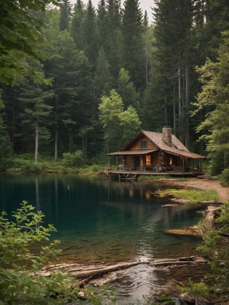 A log cabin sits on the shore of lake