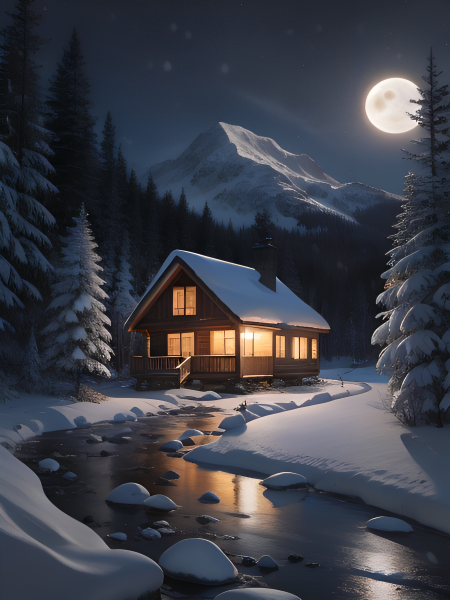 Winter cabin illuminated in the night