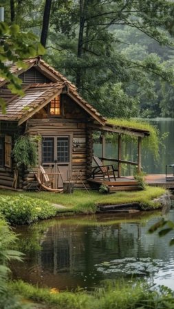 Cozy log cabin by the lake скачать фон 1080 x 1920