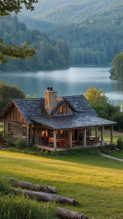 Rustic log cabin by the lake скачать фон 1080 x 1920