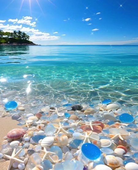 Shells and starfish on the beach with clear water