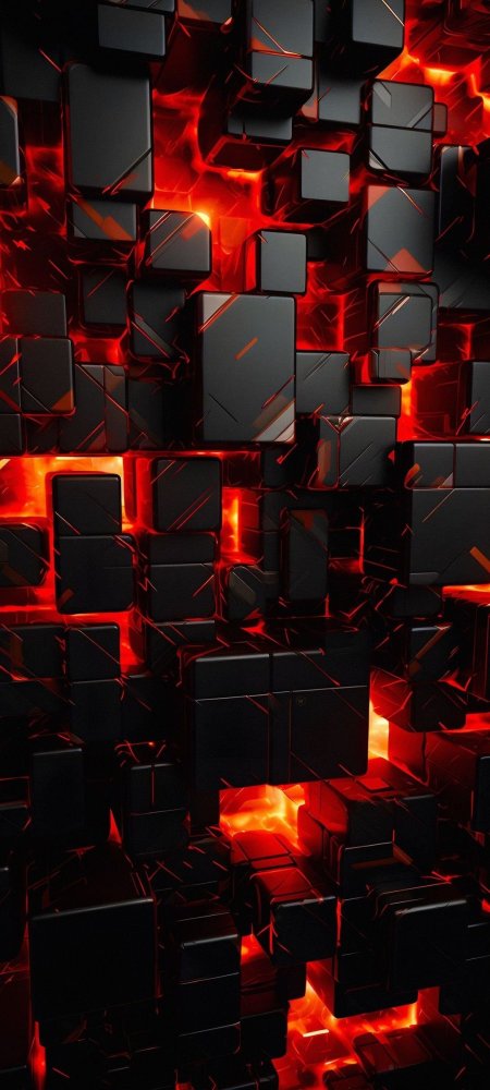 Red and black cubes arranged in an abstract pattern