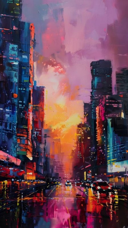 An abstract painting of cityscape at sunset