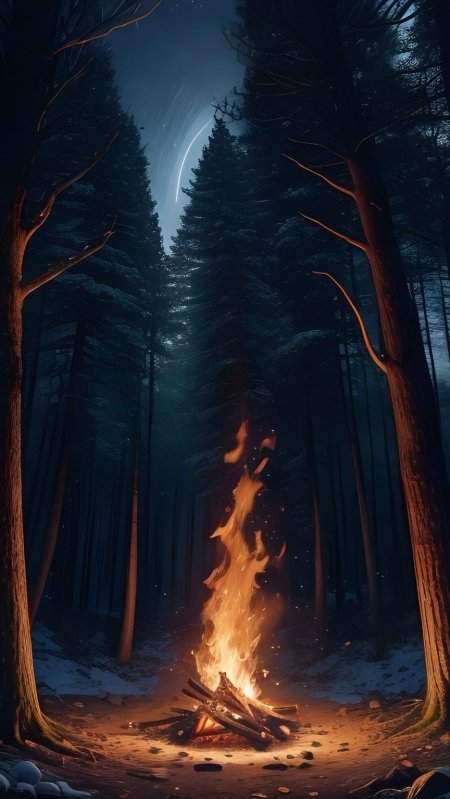 Костер в лесу ночью