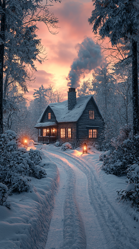 House forest sunset winter snow sunrise wooden cottage