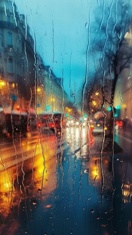 Rainy cityscape through wet window