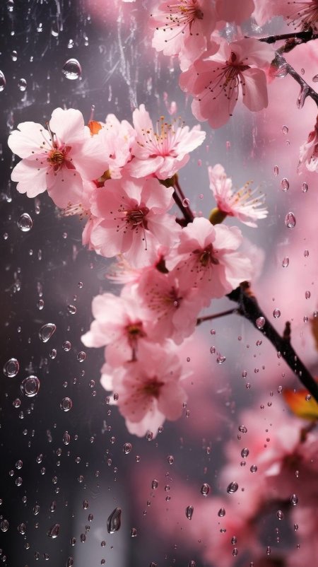 Pink cherry blossom with raindrops