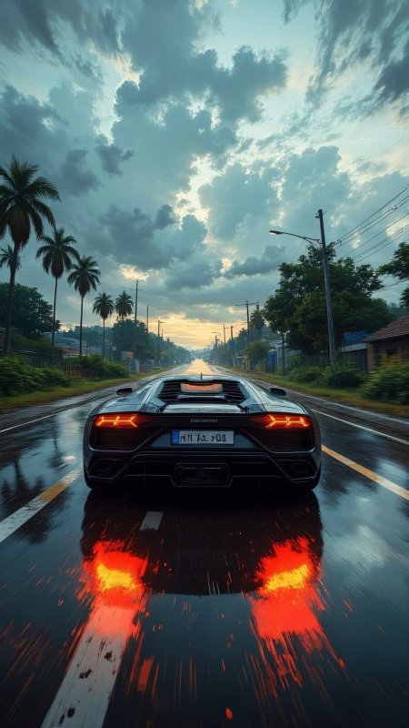 Neon nightscape with lamborghini aventador
