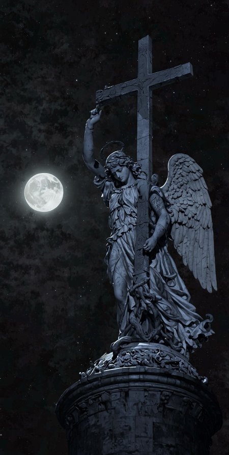 An angel statue on top of a cross at night