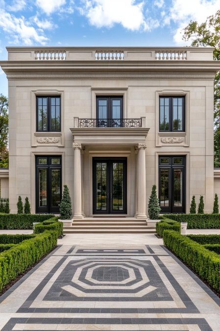 Modern neoclassical house with tall columns and trimmed hedges