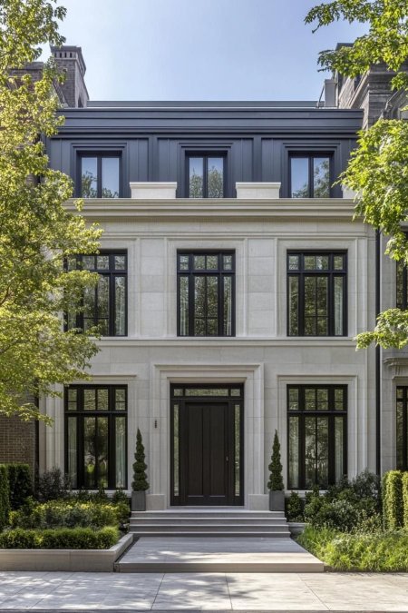 Modern townhouse with sleek black accents and lush landscaping