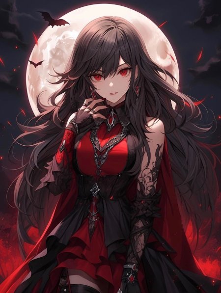 Gothic anime vampire girl with dark hair and blue eyes ai art