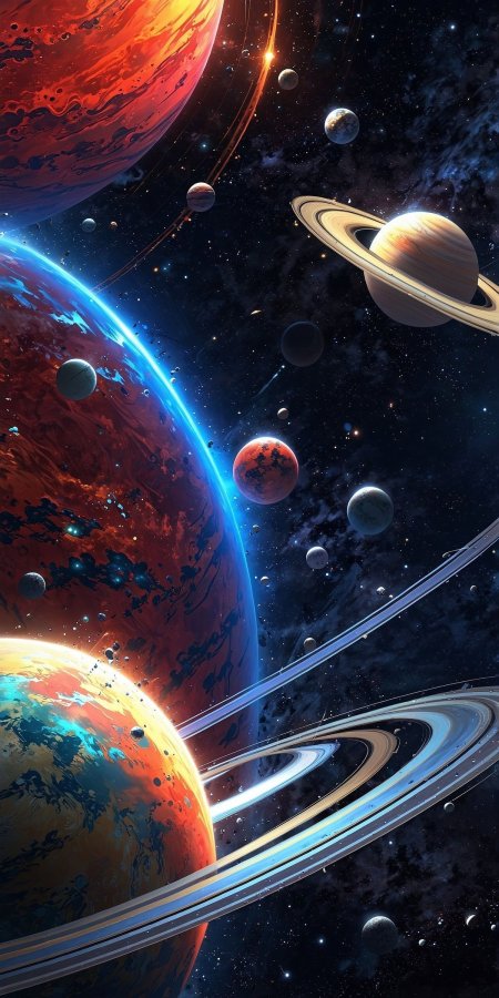 An artist's rendering of the solar system with planets and stars in background