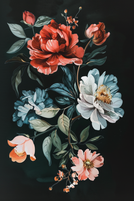 A painting of flowers on black background