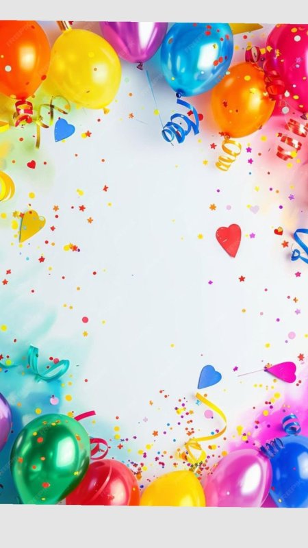 Colorful balloons and streamers with confetti on a white background