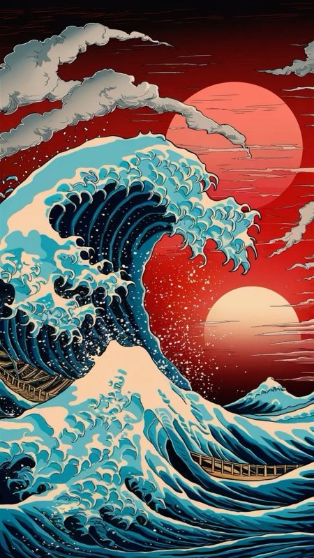 Dramatic japanese wave art illustration under a blood-red sunset