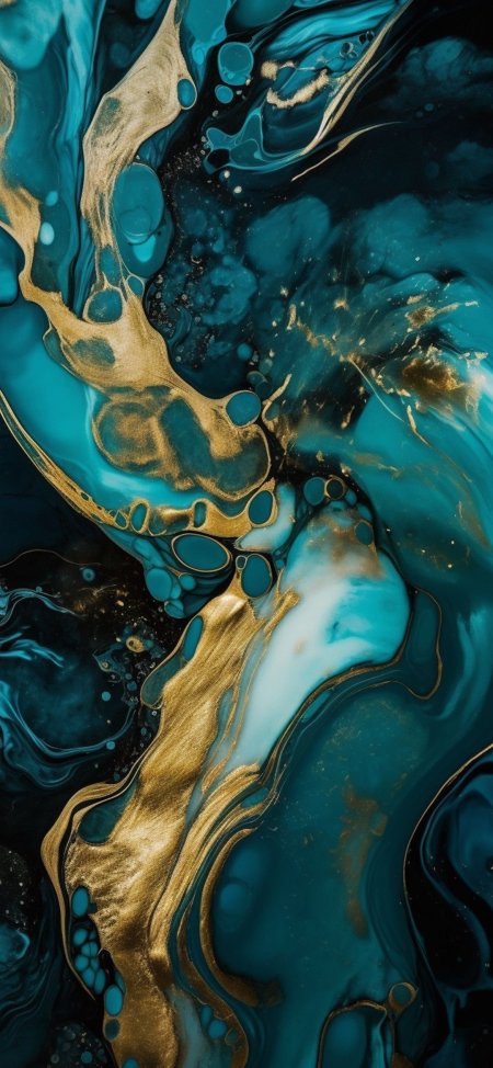 An abstract painting with gold and teal colors