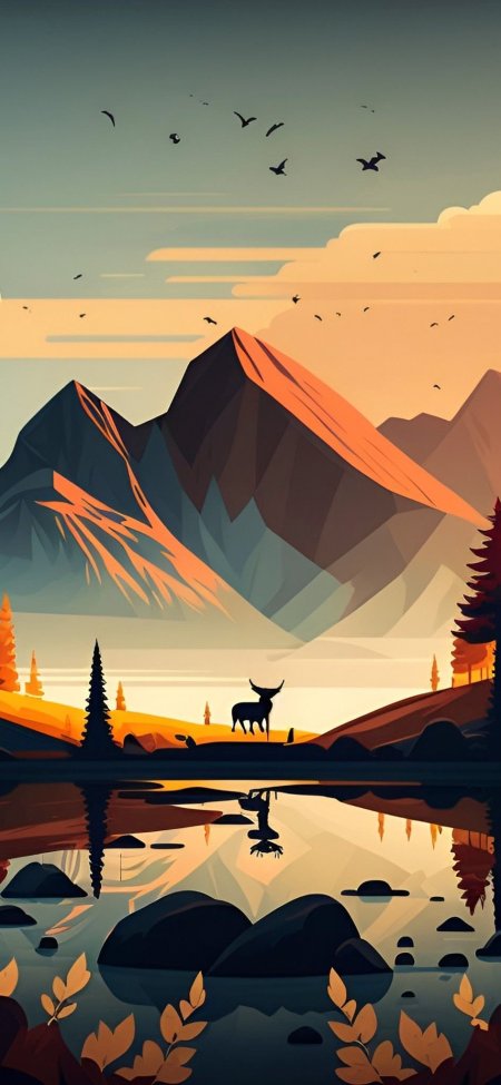 Mountain landscape with deer