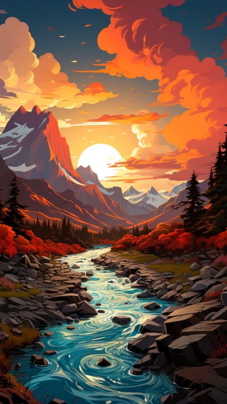 A painting of mountain river at sunset