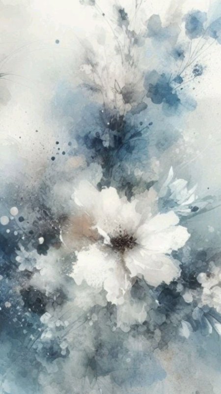 An abstract painting with white flowers and blue watercolors