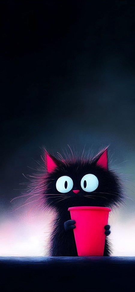 Funny black cat with red cup of coffee
