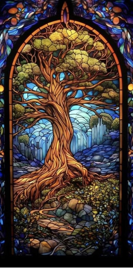A stained glass window with tree in it