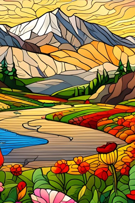 Stained glass colorful mountain meadow