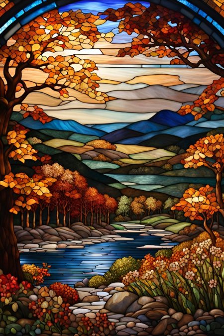 Faux stained glass window of autumn scenery