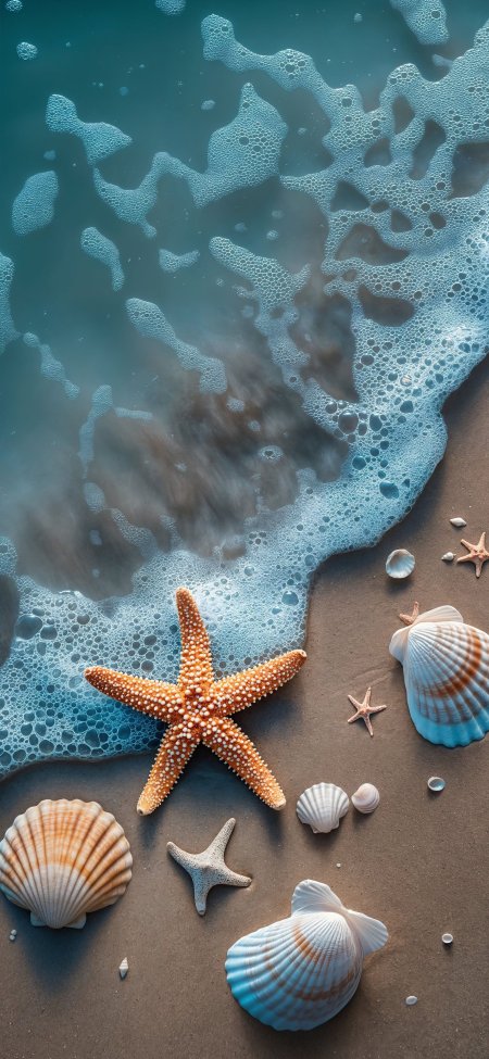 Starfish and seashells on the beach with blue water