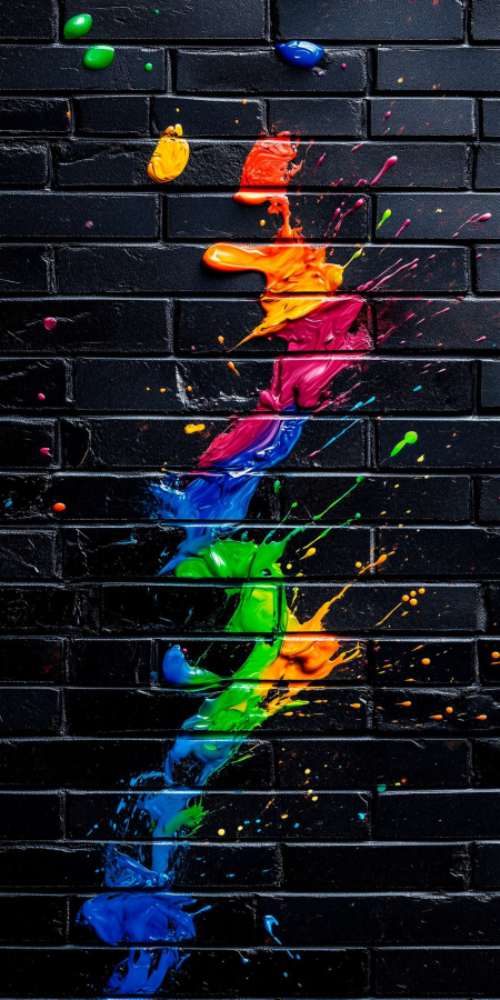 Colorful paint splattered on a black brick wall