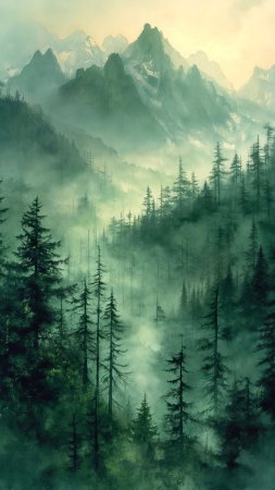 A painting of trees and mountains in the fog скачать фон 1424 x 2532