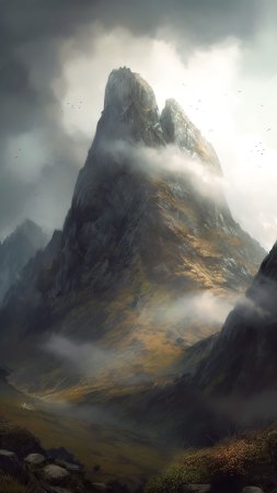 Горы в тумане скачать фон 1424 x 2532