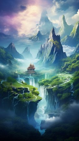 Bali nature fantasy scenery with balinese mountains and waterfalls скачать фон 1080 x 1920