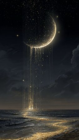 Звездное небо: луна, перо ночи, звезды.