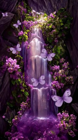 Waterfall with purple flowers wallpaper