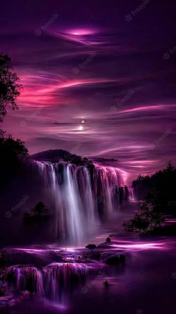 Waterfall with purple lights in the night sky