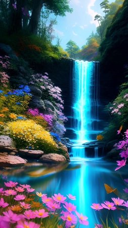 A painting of waterfall surrounded by flowers