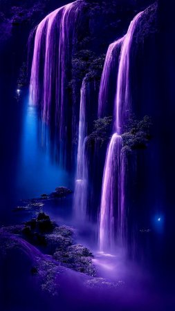 Waterfall lit up in purple and blue light