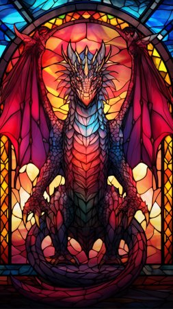 A stained glass window with dragon on it