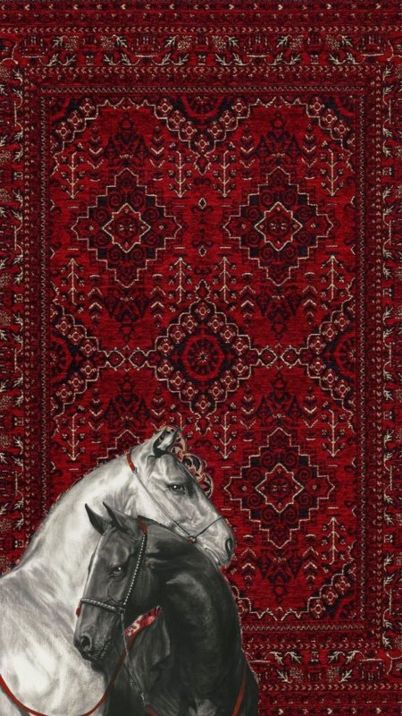 Framed wall art of arabian horses with persian carpet-inspired background