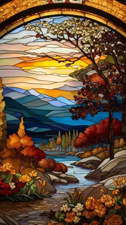 Faux stained glass window of autumn scenery скачать фон 1424 x 2532